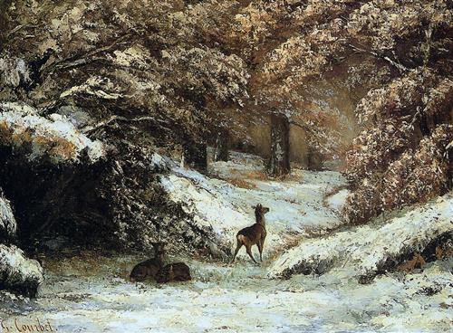 Deer taking shelter in winter by Courbet, 1866.